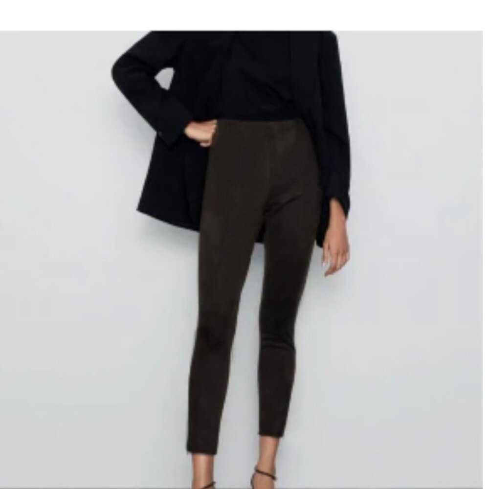 Zara Basic Women's Dress Pants Black Faux Suede Skinny Ankle Zip Side Zipper S